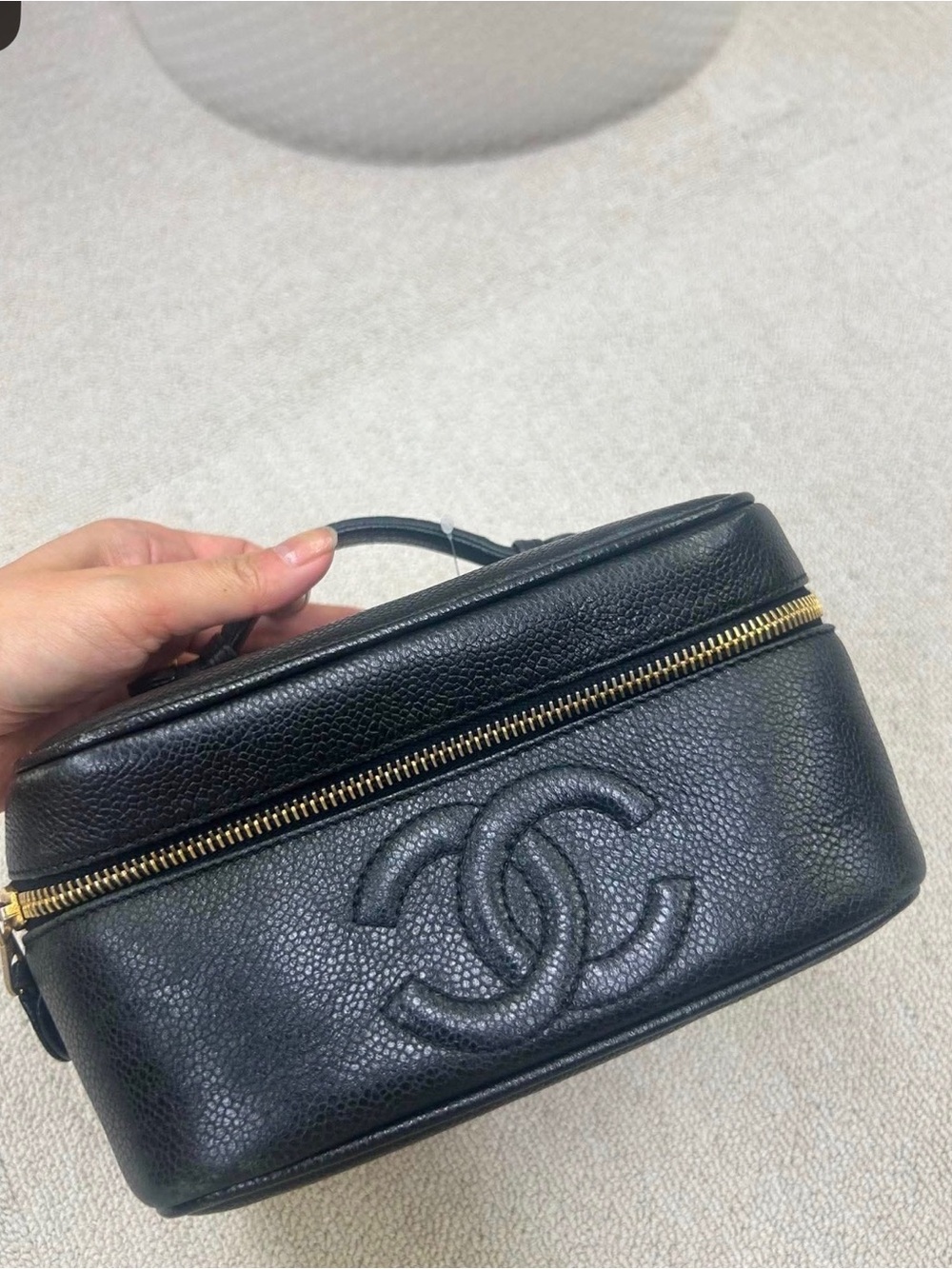 CHANEL Black Caviar Leather Vanity Case with Gold Hardware Accent